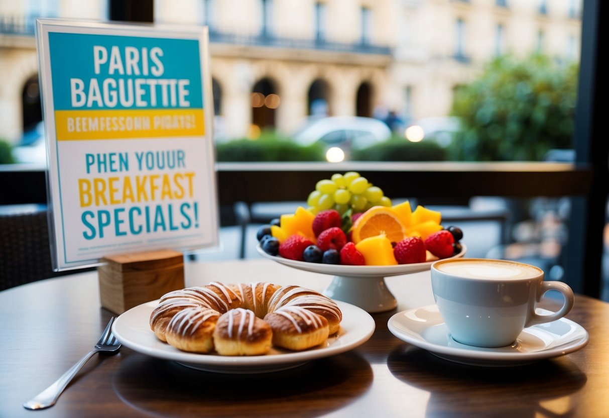 A table set with pastries, coffee, and colorful fruit, with a sign promoting Paris Baguette's breakfast specials