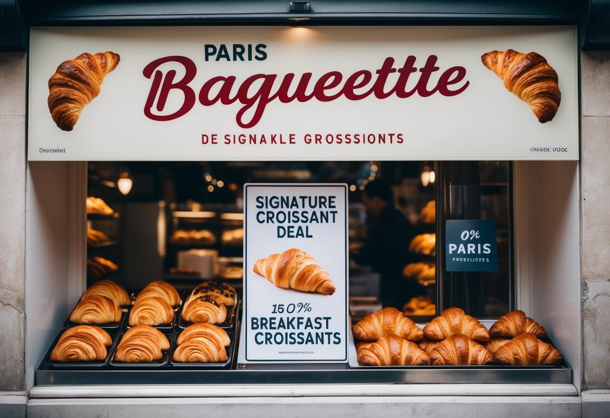 A Paris Baguette storefront with a display of freshly baked croissants and a sign advertising the Signature Croissant Deal for breakfast promotions