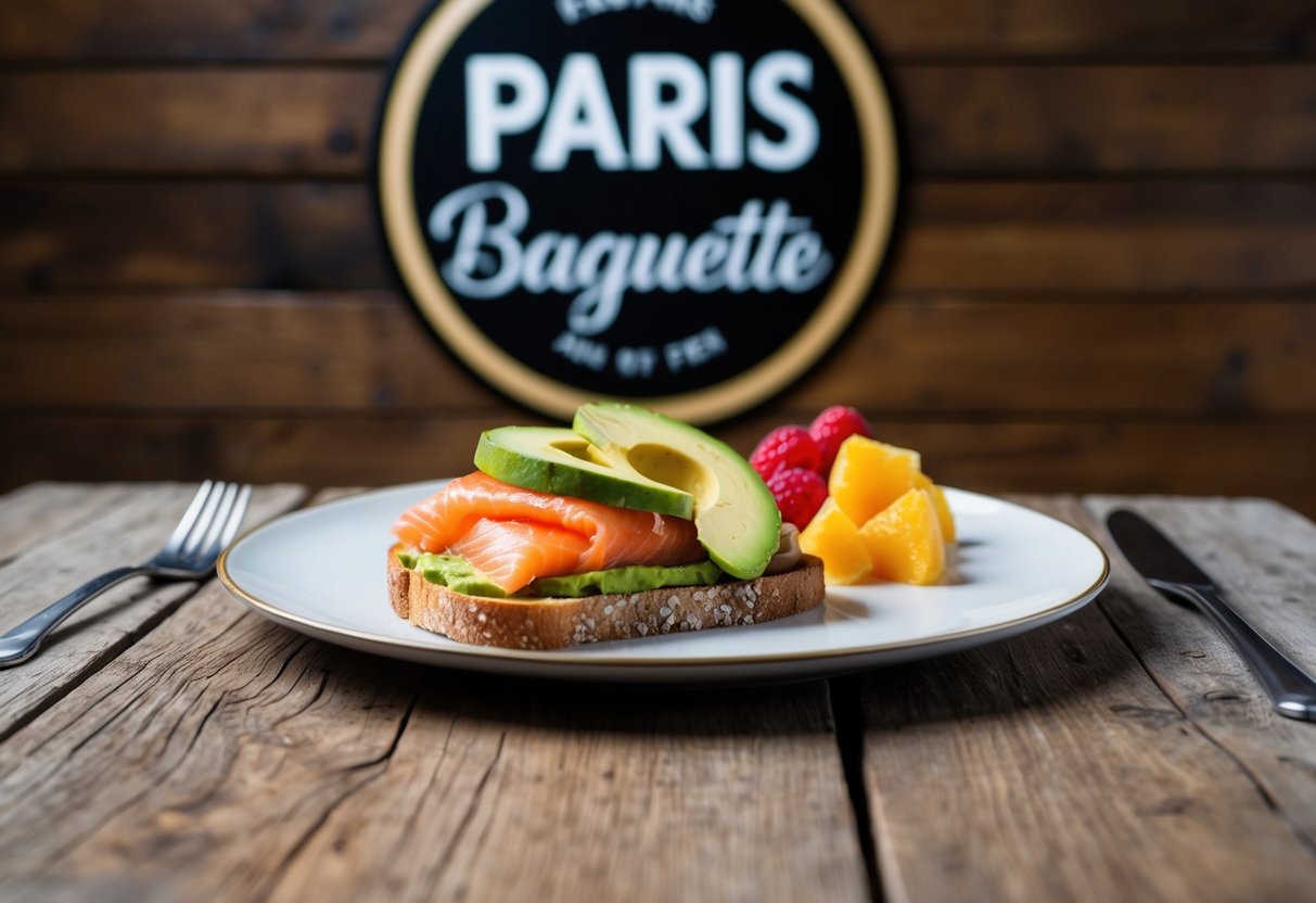 A plate of smoked salmon and avocado toast with a side of fresh fruit, displayed on a rustic wooden table with a Paris Baguette logo in the background