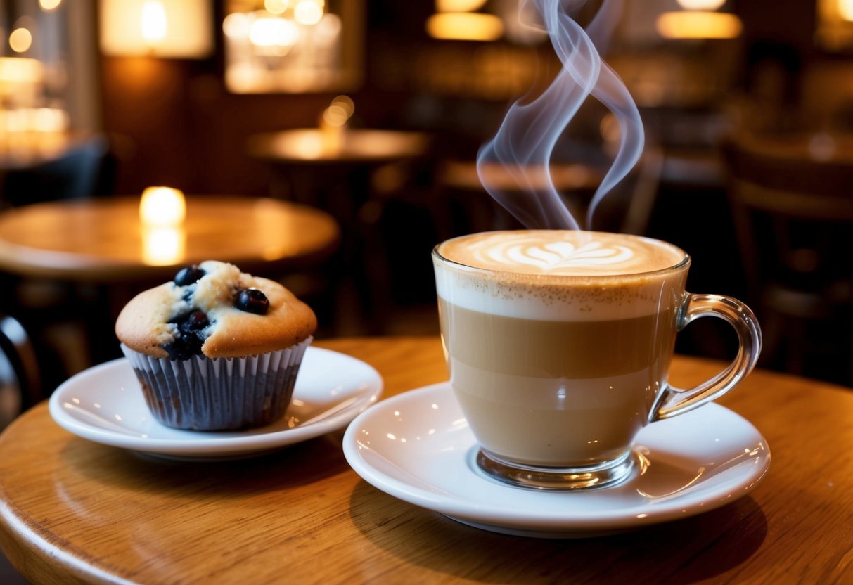 A steaming café latte sits beside a freshly baked blueberry muffin on a white plate, surrounded by the warm ambiance of a Paris Baguette café
