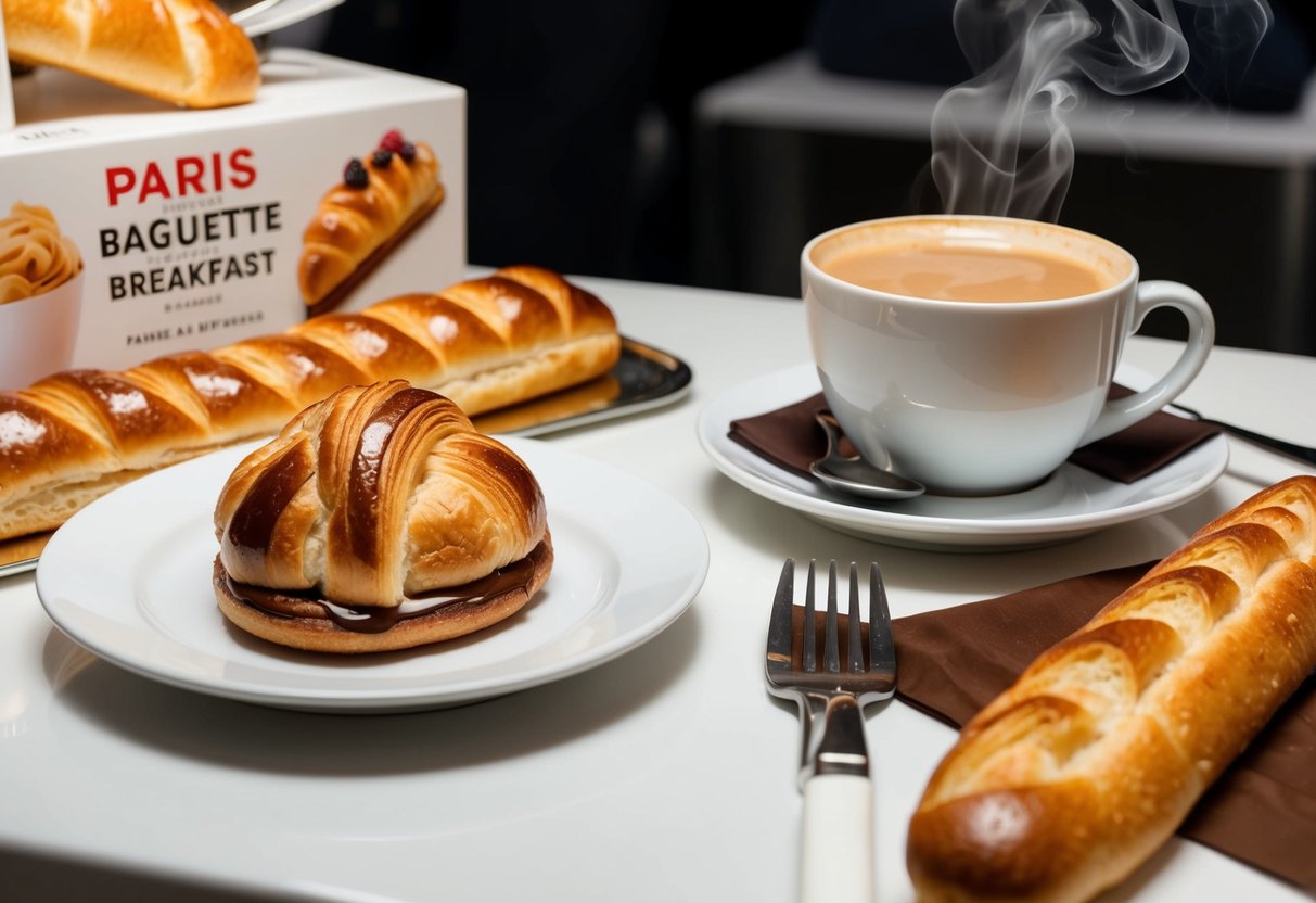 A golden-brown Pain au Chocolat sits on a white plate next to a steaming cup of coffee, surrounded by a Paris Baguette breakfast promotion display