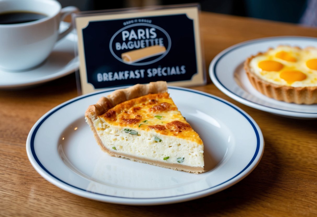 A slice of Quiche Lorraine on a plate with a Paris Baguette logo, surrounded by breakfast specials