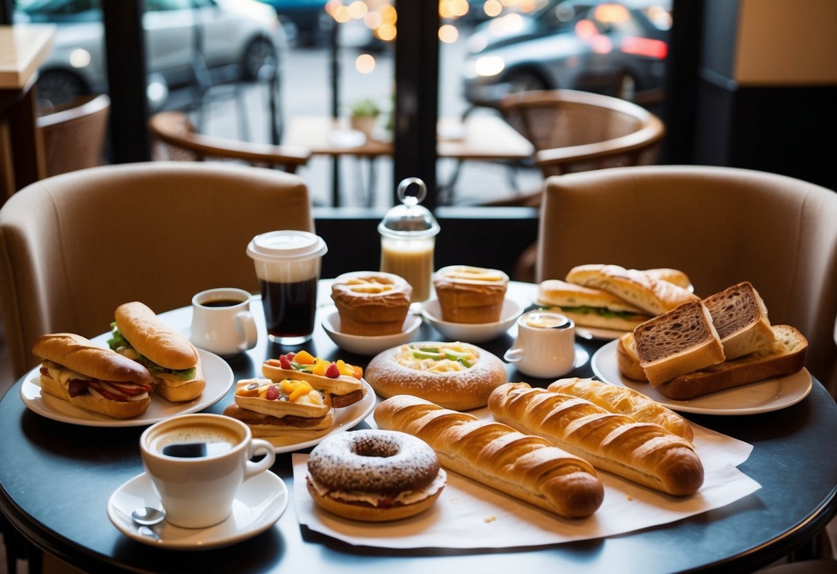 A table set with a variety of Paris Baguette breakfast options, including pastries, sandwiches, and coffee, displayed in a cozy cafe setting