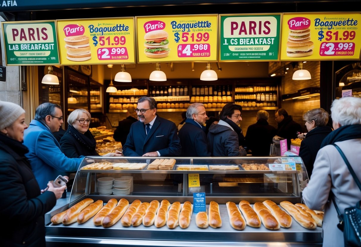 A bustling Paris Baguette store with colorful breakfast promotions displayed on the front counter. Customers line up eagerly to take advantage of the deals
