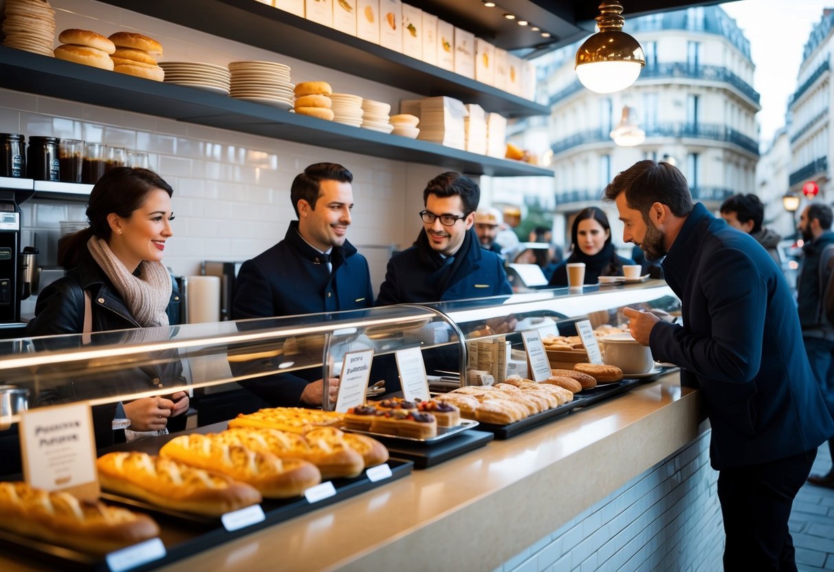 A bustling Paris Baguette café with customers inquiring about breakfast promotions at the counter. Shelves display various pastries and coffee