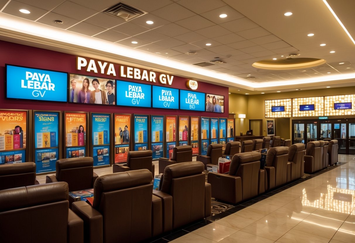 A bustling movie theater lobby with colorful promotional displays and posters for Paya Lebar GV