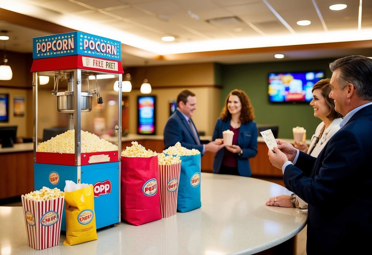 Movie theater lobby with colorful popcorn machine, bags of popcorn, and ticket counter. Patrons holding tickets and receiving free popcorn