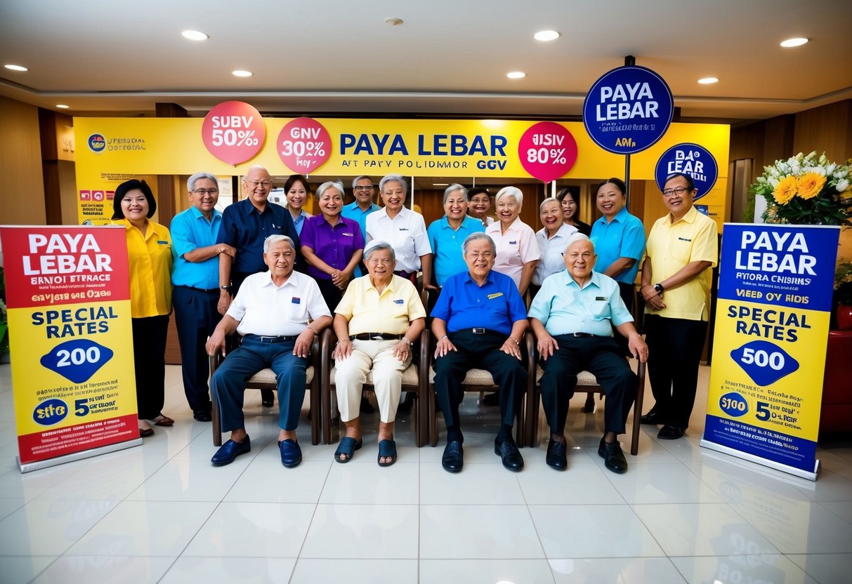 A group of senior citizens enjoying special rates at Paya Lebar GV, surrounded by promotional signs and banners
