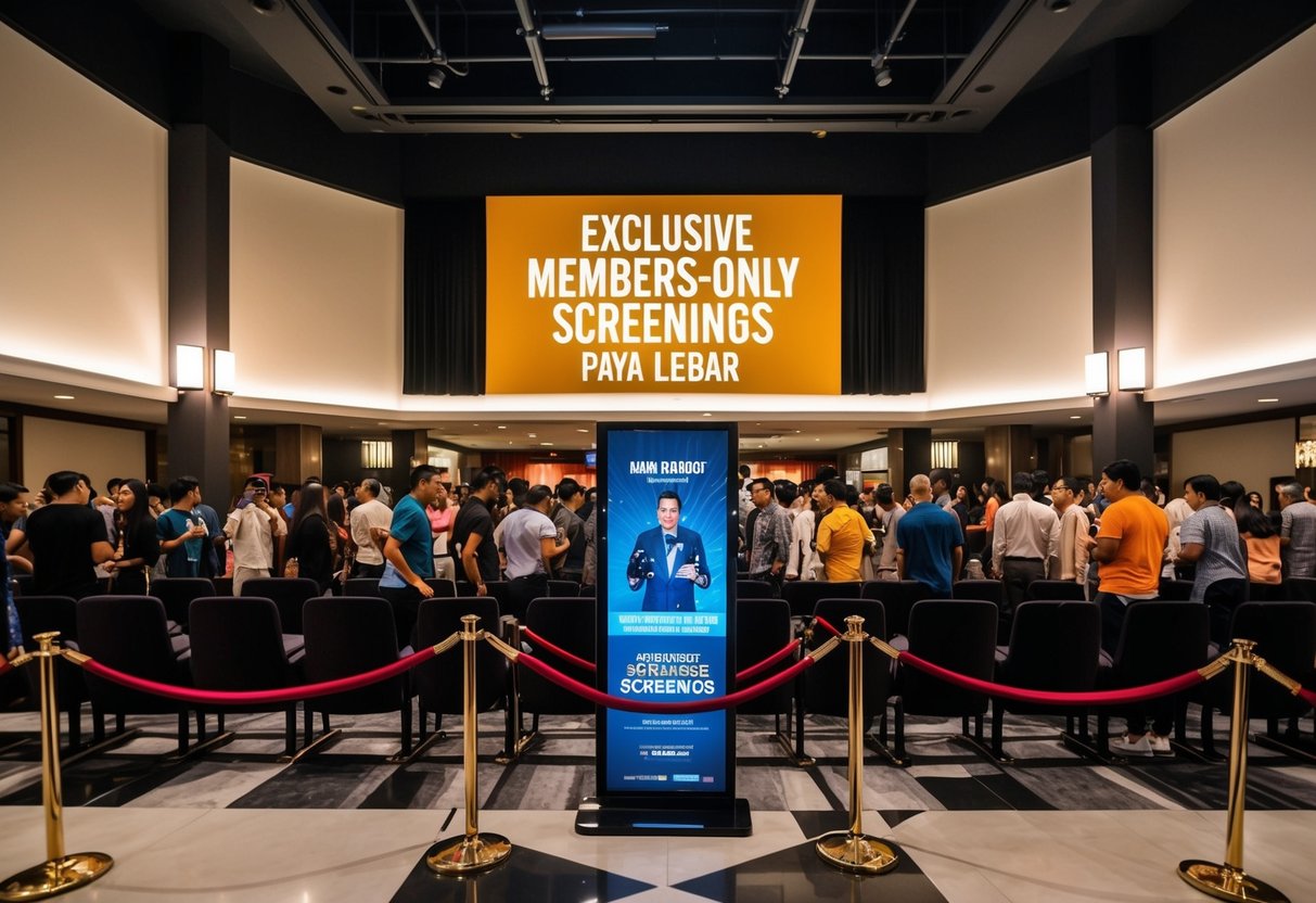 A crowded theater lobby with velvet ropes and a large promotional display for exclusive members-only screenings at Paya Lebar GV