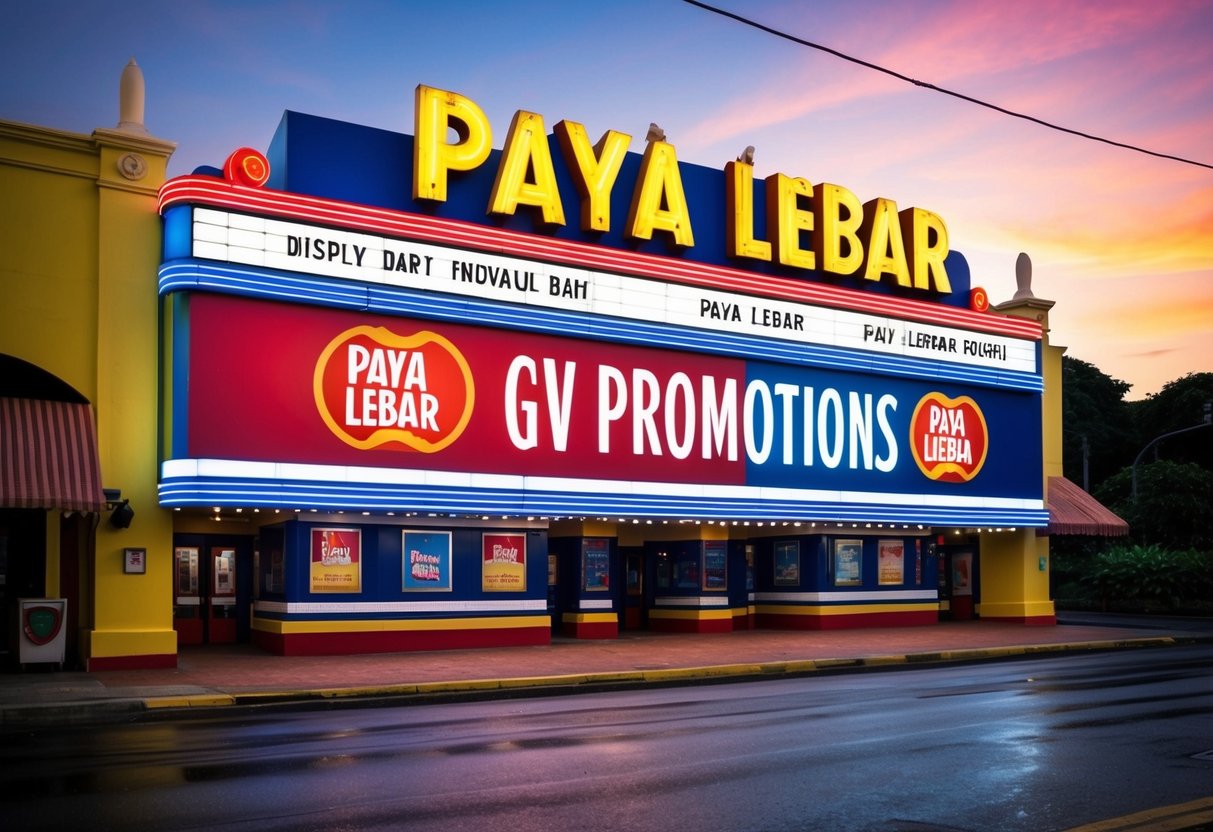 A colorful movie theater marquee displaying Paya Lebar GV promotions