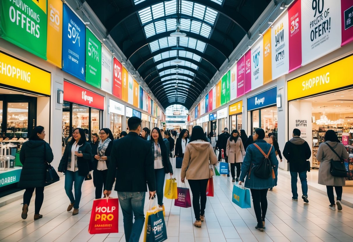A bustling shopping mall with colorful banners and signs advertising various promotions and offers. Shoppers are seen browsing through the stores and taking advantage of the deals