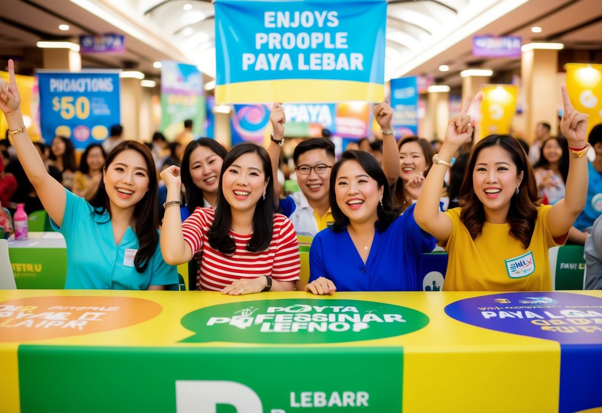 People enjoying various promotions at Paya Lebar GV, with colorful banners and excited expressions