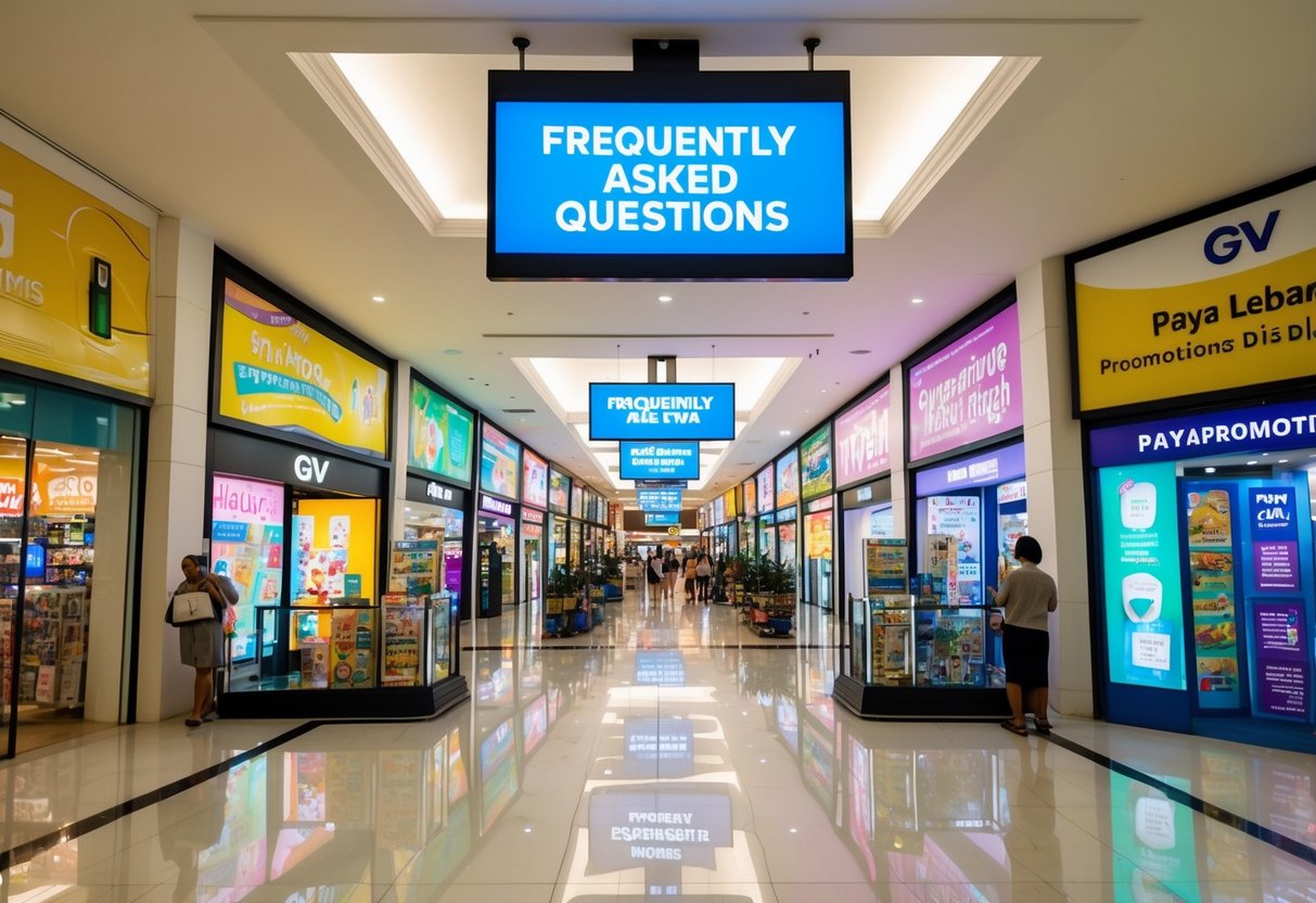 A bustling shopping mall with colorful promotional displays and a sign for "Frequently Asked Questions" at Paya Lebar GV promotions