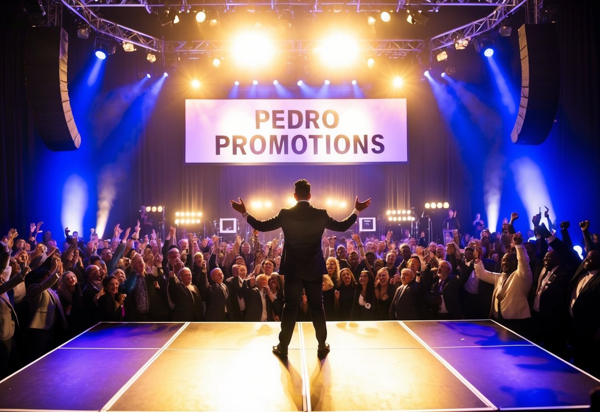 A brightly lit stage with a large banner reading "Pedro Promotions" surrounded by cheering crowd