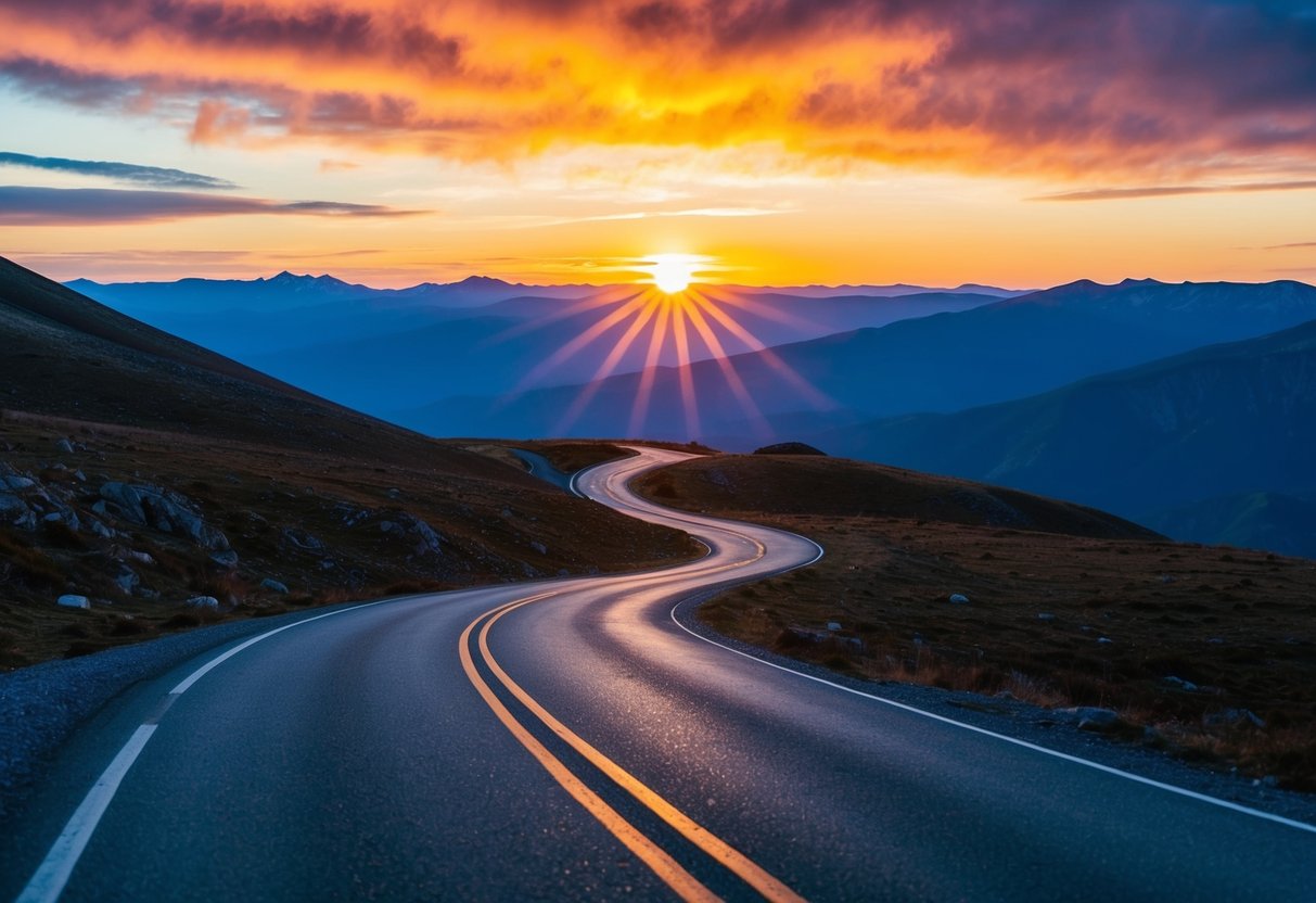 A vibrant sun rising over a mountainous landscape, with a winding road leading towards the horizon