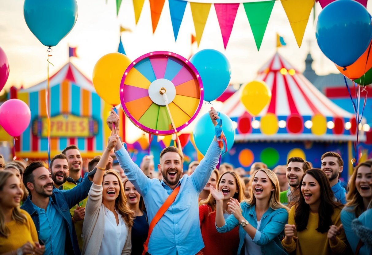 A colorful carnival with balloons, banners, and a prize wheel, surrounded by excited people
