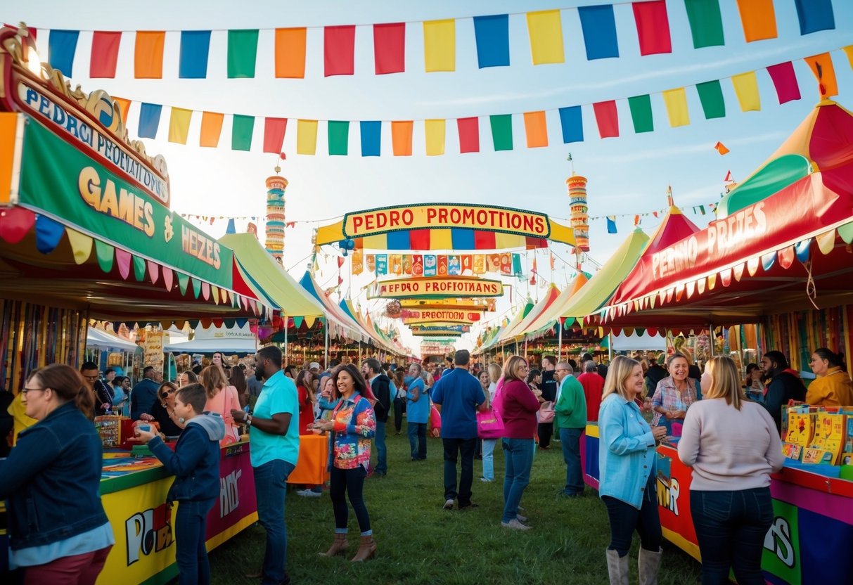 A vibrant carnival with colorful banners, lively music, and people enjoying games and prizes at Pedro Promotions