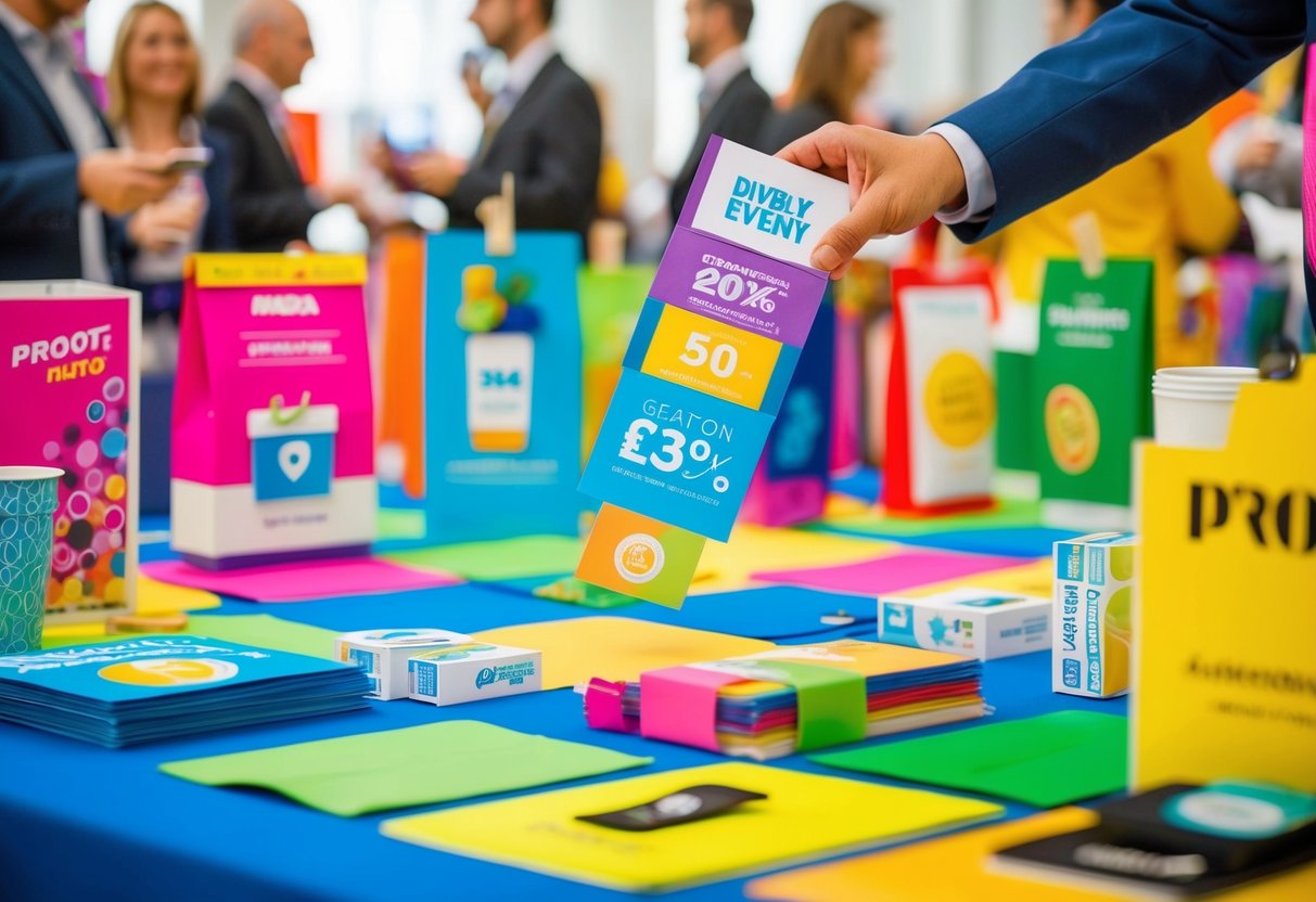 A colorful, dynamic scene of various promotional items being creatively displayed and distributed at a lively event