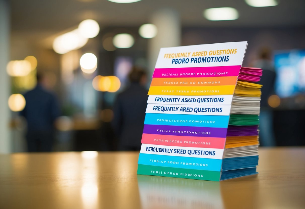 A stack of colorful promotional flyers with the words "Frequently Asked Questions Pedro Promotions" displayed prominently