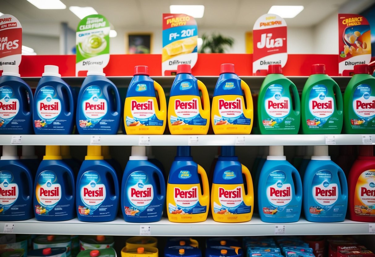 A colorful display of Persil products arranged on shelves with promotional signs and banners