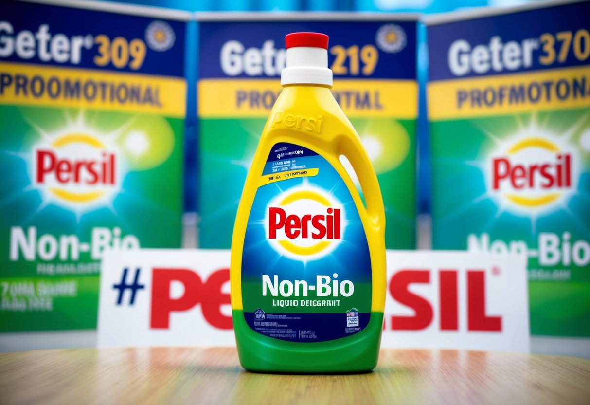 A bottle of Persil Non-Bio Liquid Detergent surrounded by promotional banners and signs