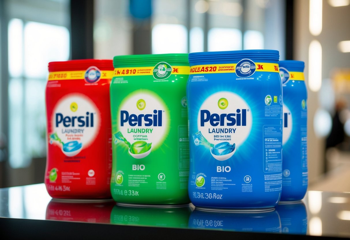 A colorful display of Persil Bio Laundry Capsules with promotional signage