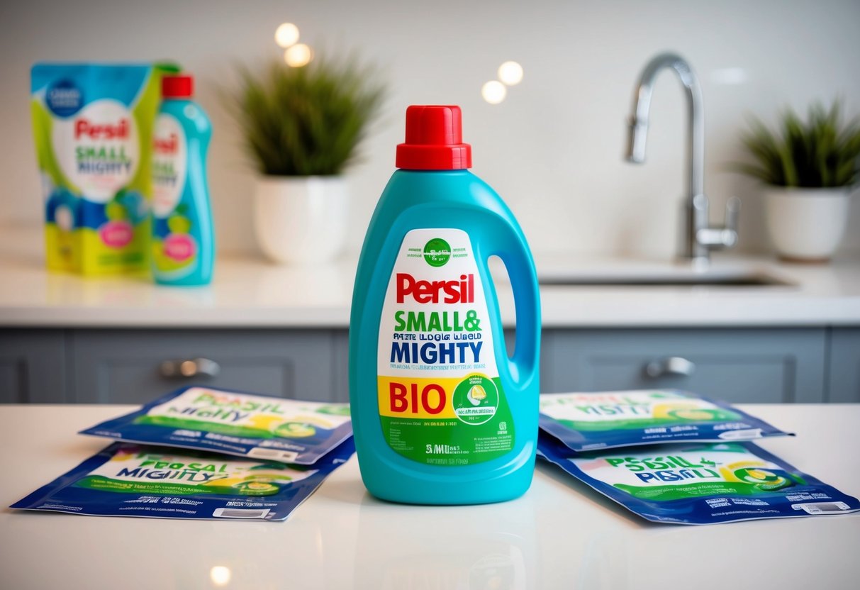 A colorful bottle of Persil Small & Mighty Bio Liquid stands on a clean, white countertop surrounded by promotional materials