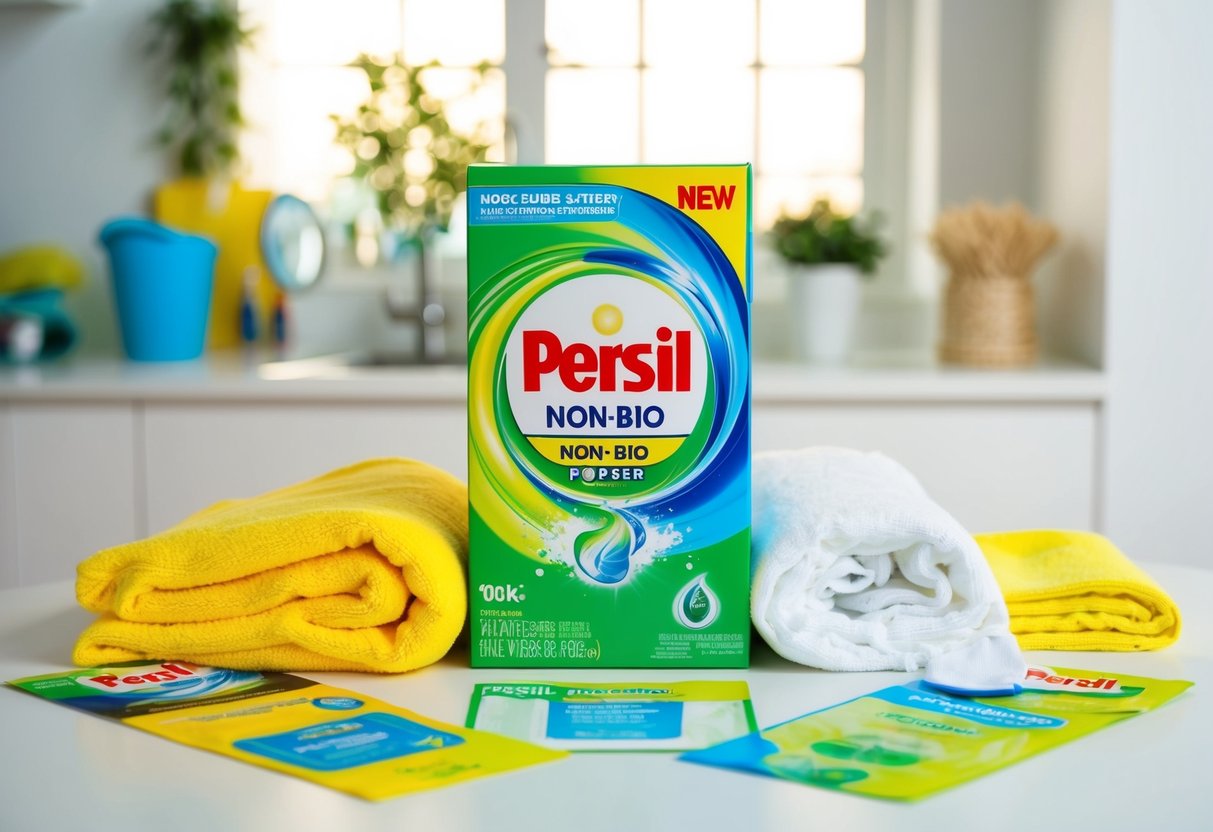 A colorful box of Persil Non-Bio Washing Powder surrounded by promotional materials and bright, clean laundry