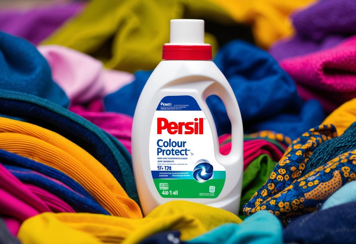A bottle of Persil Colour Protect Liquid surrounded by vibrant, colorful fabrics and garments