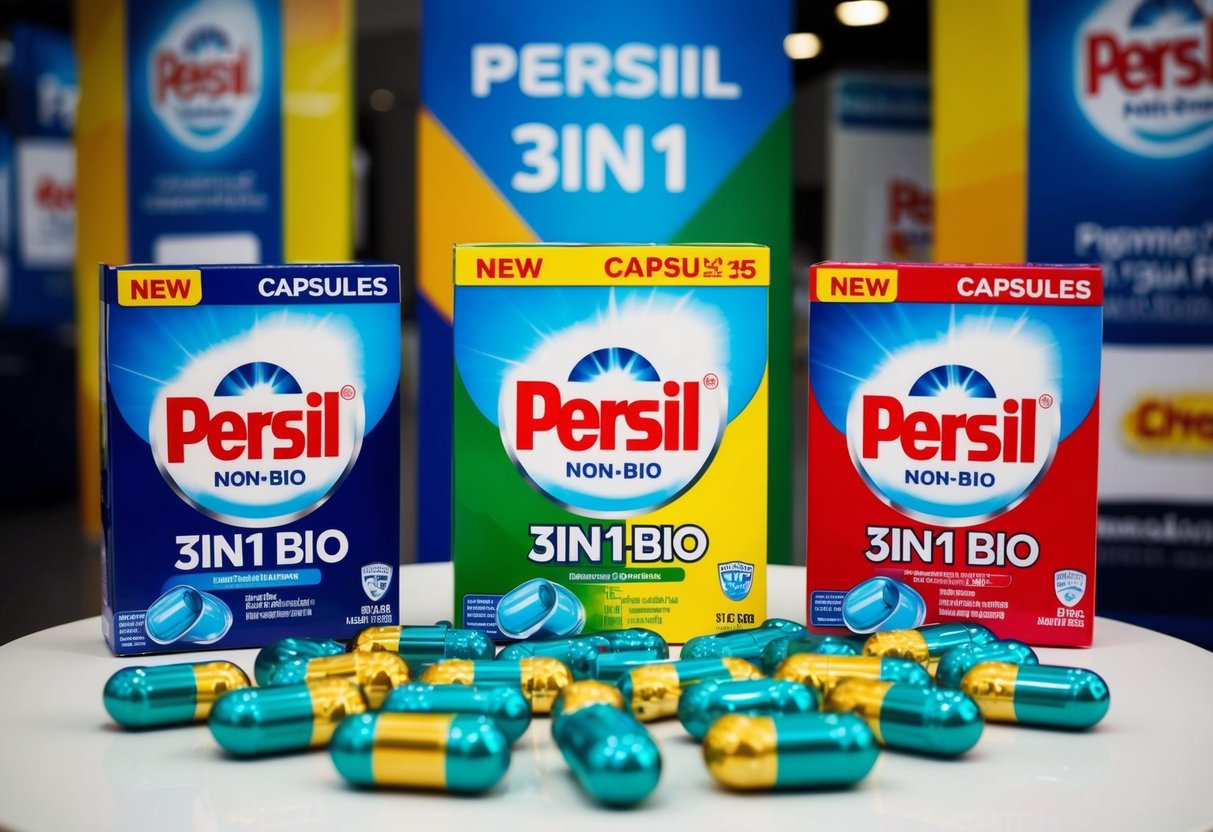 A colorful display of Persil 3in1 Non-Bio Capsules surrounded by promotional signage and branding materials