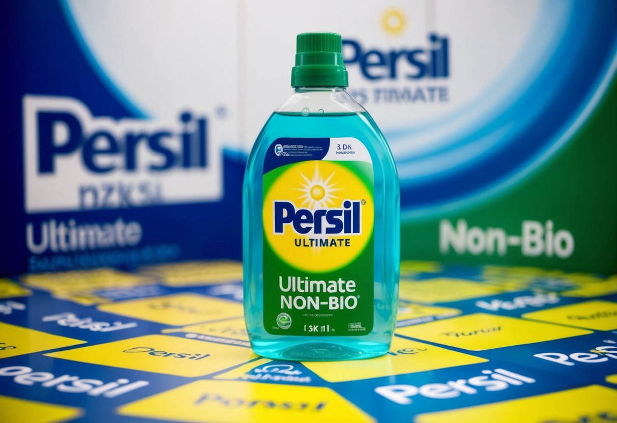 A bottle of Persil Ultimate Non-Bio Liquid surrounded by promotional elements like banners and logos