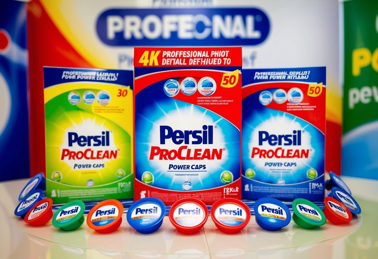 A bright and colorful display of Persil ProClean Power-Caps surrounded by promotional banners and signs
