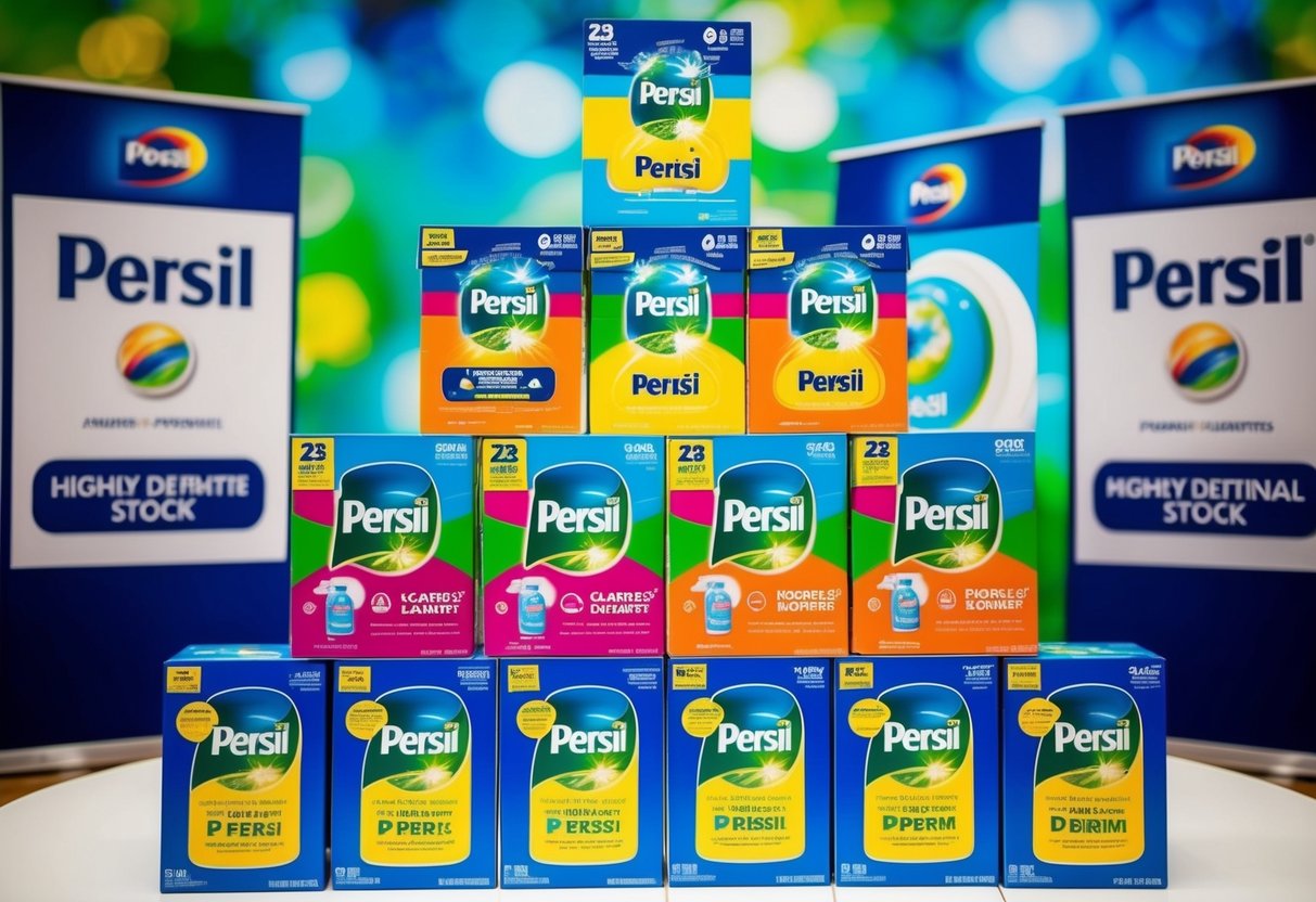 A colorful display of Persil detergent boxes arranged in a pyramid with promotional banners and signs surrounding them