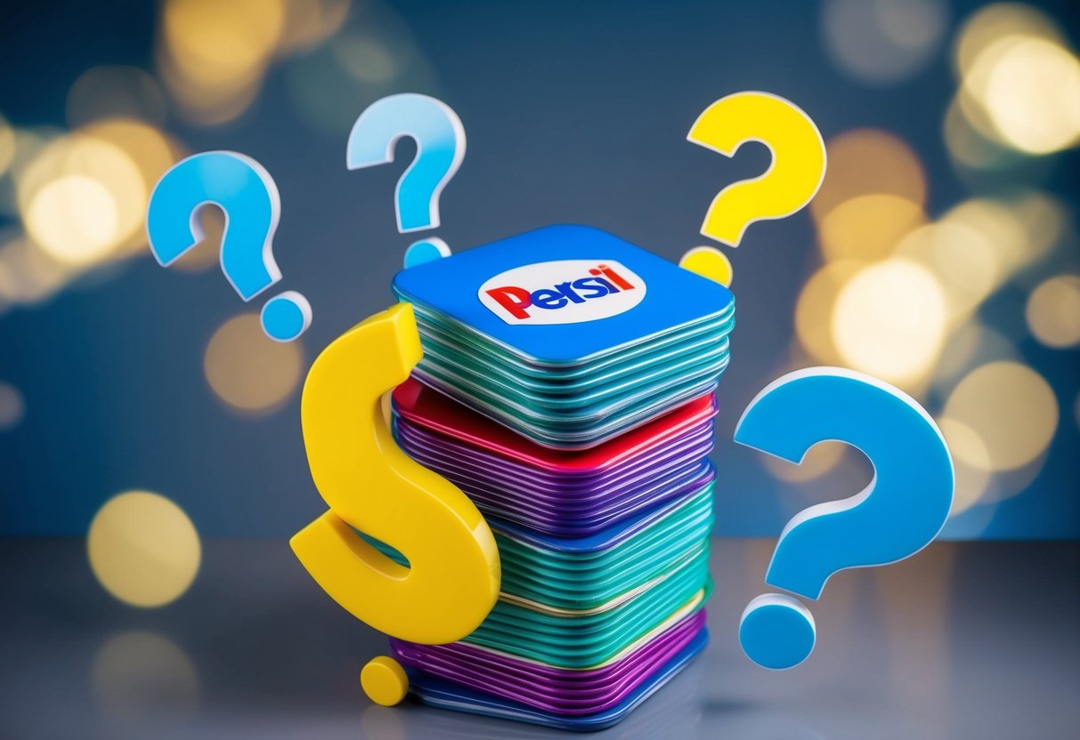 A stack of colorful promotional items with the Persil logo, surrounded by question marks and a sense of curiosity