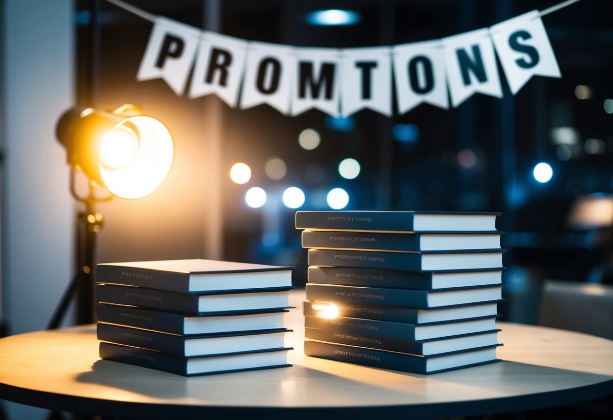 A stack of photobooks displayed on a table with a spotlight shining on them. A banner with the word "promotions" hangs above