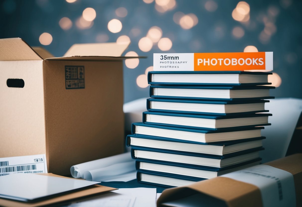 A stack of photobooks surrounded by packaging materials and a shipping label