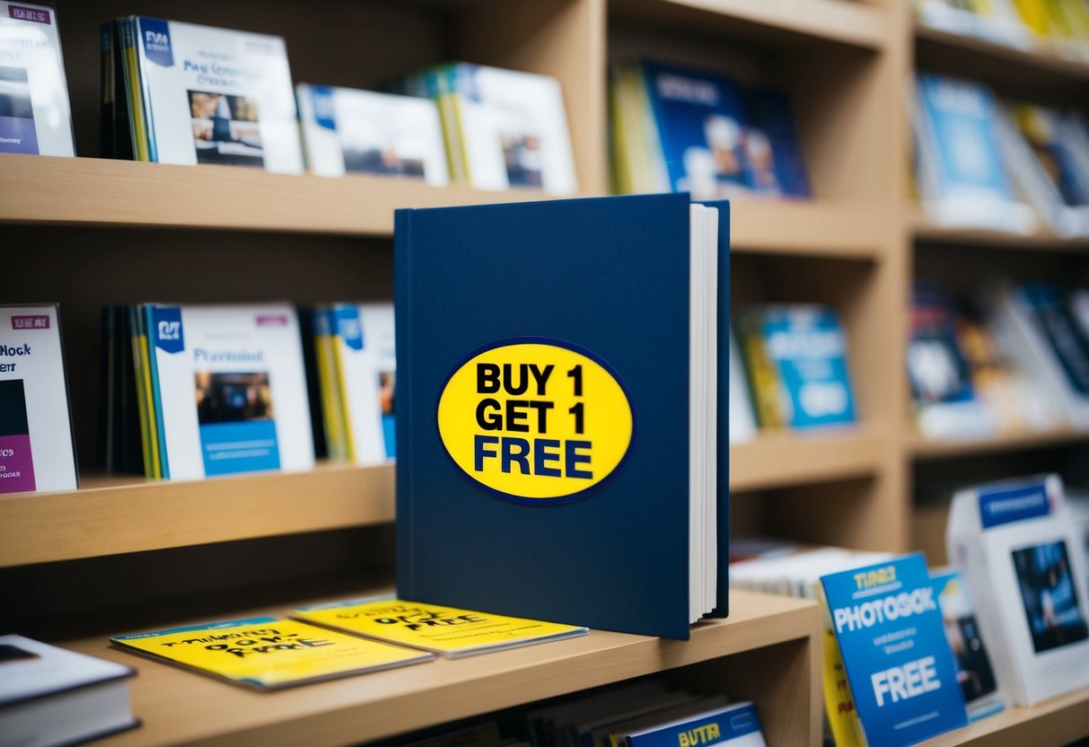 A photobook with a "Buy 1 Get 1 Free" sticker displayed on a shelf in a bookstore, surrounded by other similar promotional items