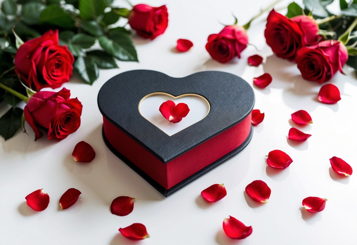 A heart-shaped photobook surrounded by red roses and scattered rose petals on a white table