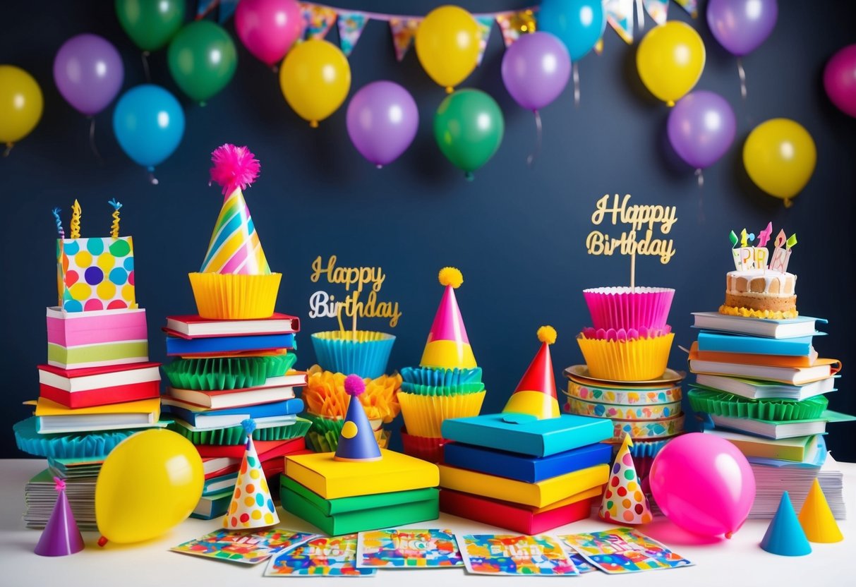 A colorful array of party decorations and birthday-themed props arranged around a stack of discounted photobooks