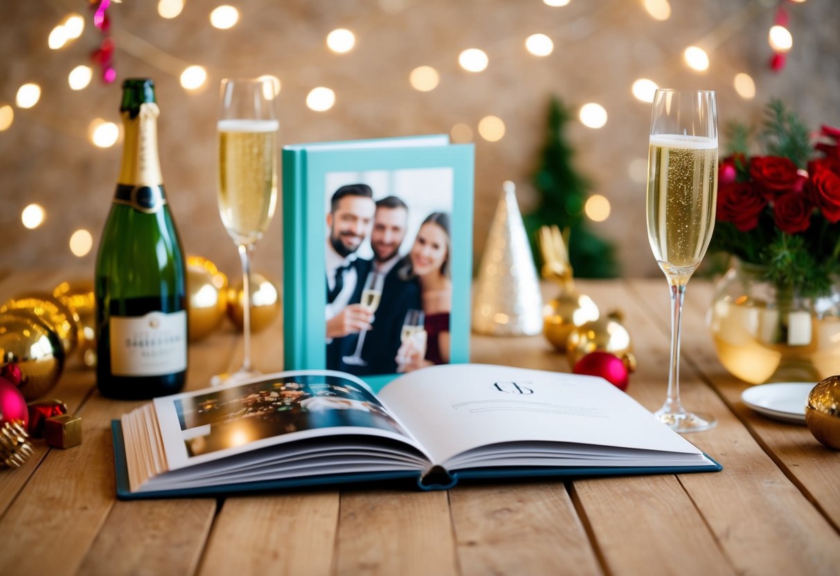 A festive table with a photobook, champagne, and party decorations
