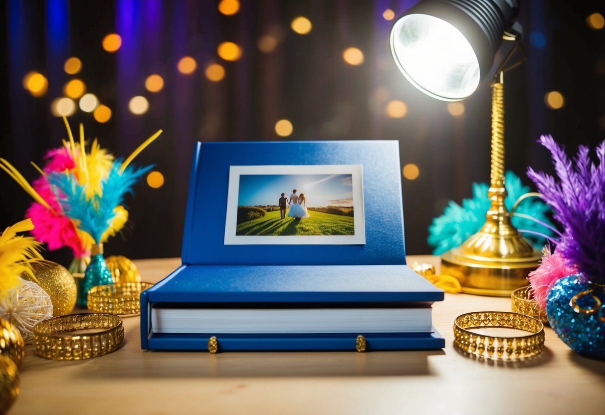 A photobook displayed on a table with a spotlight shining on it, surrounded by vibrant, eye-catching props and decorations