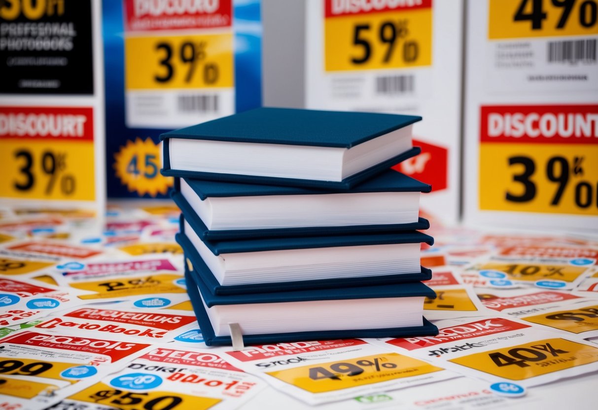 A stack of photobooks surrounded by discount stickers and promotional banners