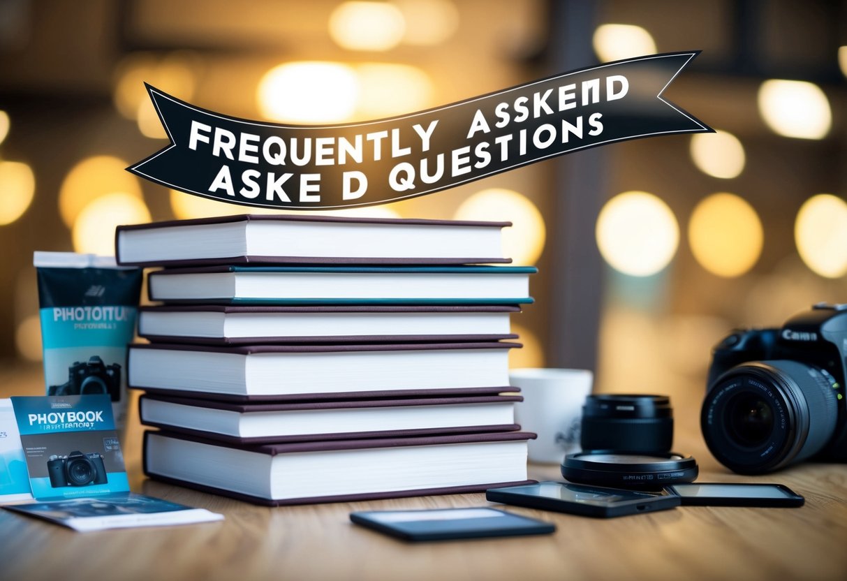 A stack of photobooks with a "Frequently Asked Questions" banner, surrounded by promotional items and a camera