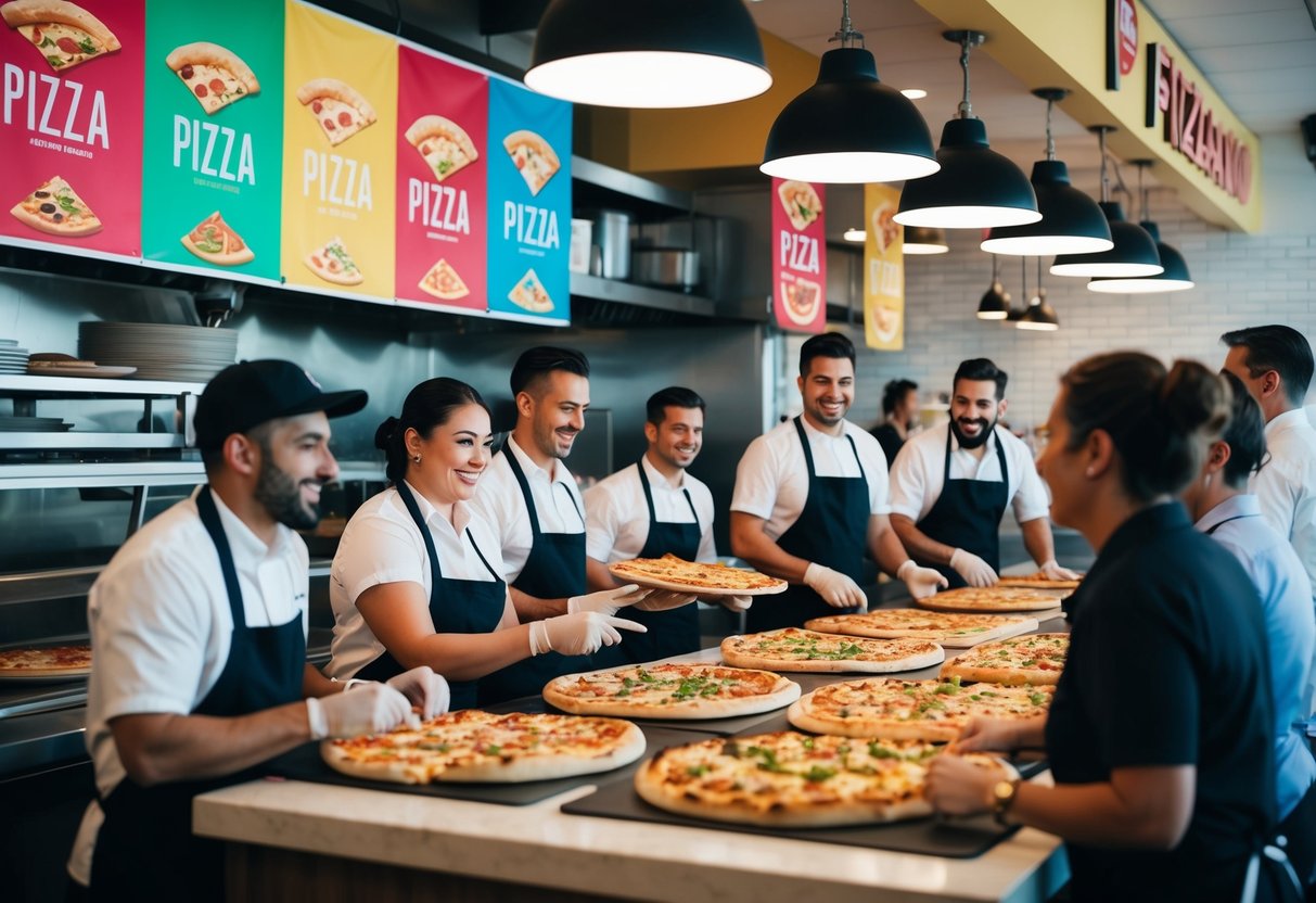 A bustling pizzeria with colorful banners, busy staff, and happy customers enjoying various pizza specials and promotions