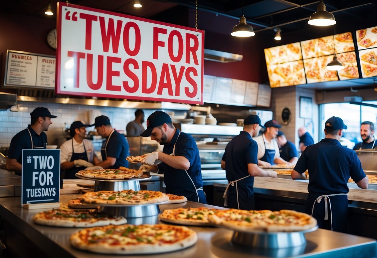 A bustling pizzeria with a "Two for Tuesdays" sign, customers enjoying slices, and staff busy making and serving pizzas