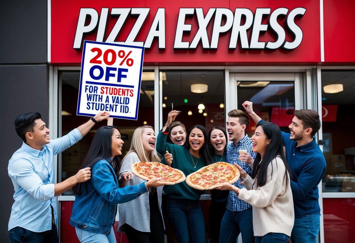 A group of students celebrating with pizza at a Pizza Express location, displaying a sign advertising "20% off for students with a valid student ID."