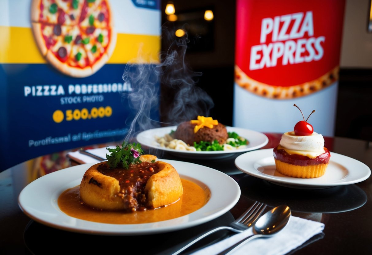 A table set with a steaming main course and a tempting dessert, with a promotional banner for Pizza Express in the background