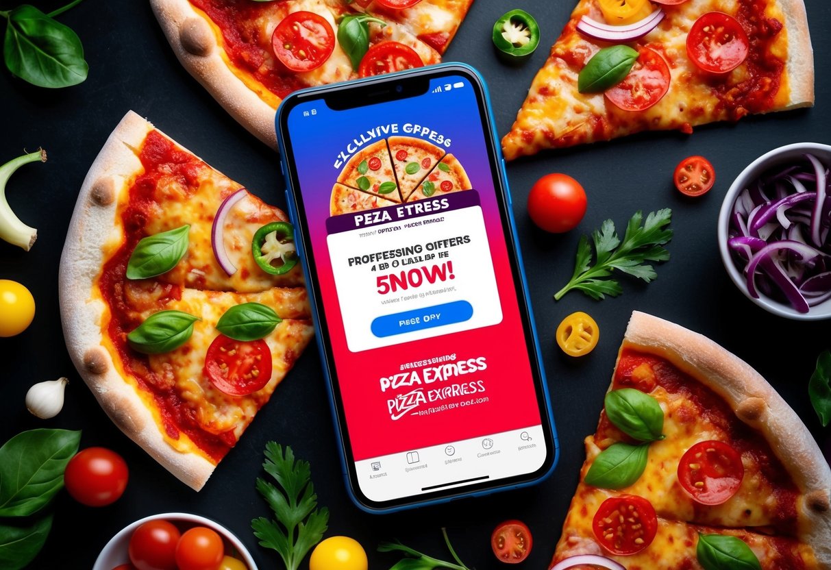 A colorful smartphone displaying the Pizza Express app with exclusive offers and promotions, surrounded by appetizing slices of pizza and vibrant ingredients