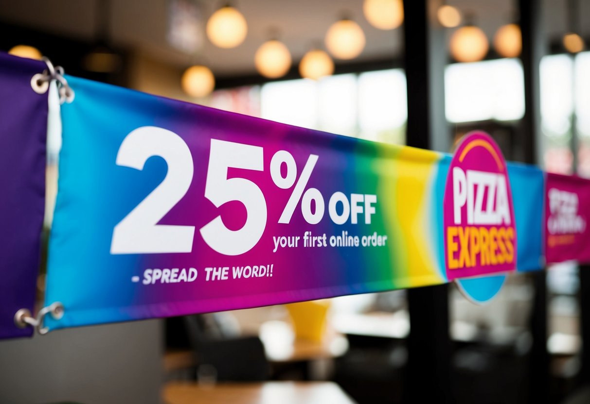 A colorful banner with the Pizza Express logo and the text "25% off your first online order - spread the word!" is displayed prominently