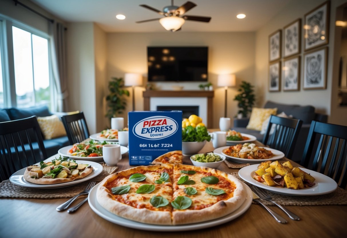 A cozy living room with a table set for a family meal, featuring a fresh pizza from Pizza Express and various side dishes